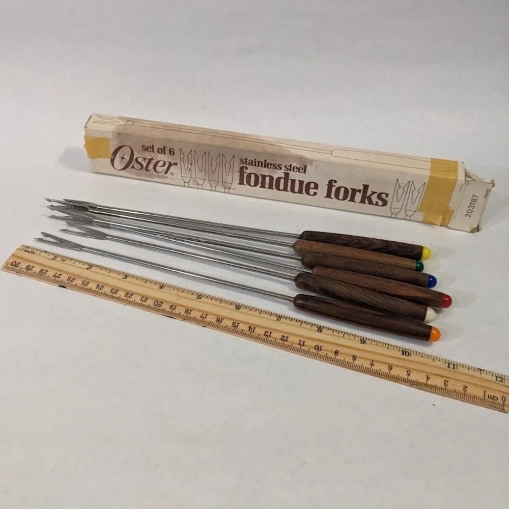 Oster Stainless Steel Fondue Forks Set of 6 Wood Handles MCM 203187 Vintage